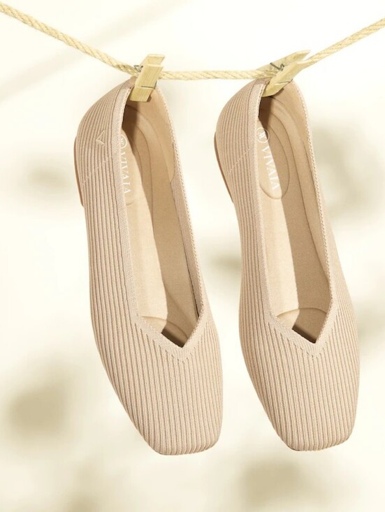 Vivaia Shoes - Vivaia Square-Toe V-Cut Flats (Margot 2.0 Beige Ribbed Knit Ballet Flats